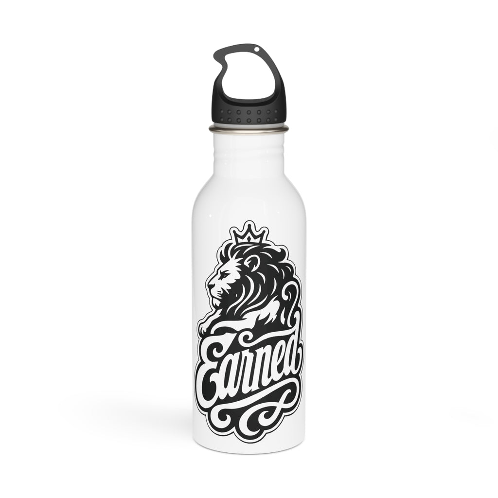 White water bottle with a black lion illustration wearing a crown and the word "Earned".