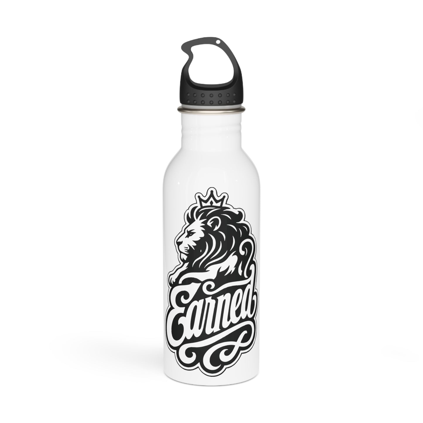 White water bottle with a black lion illustration wearing a crown and the word "Earned".