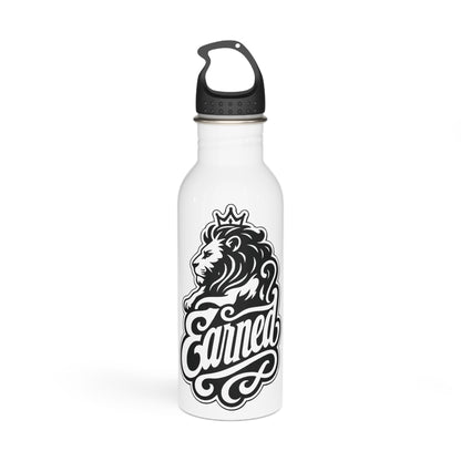 White water bottle with a black lion illustration wearing a crown and the word "Earned".