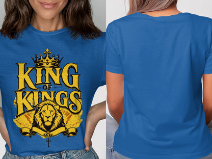Blue t-shirt with "KING OF KINGS" text and lion graphic.