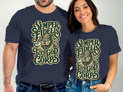 Navy t-shirts with "Semper Fidelis to God and Corps" text and bulldog graphic.