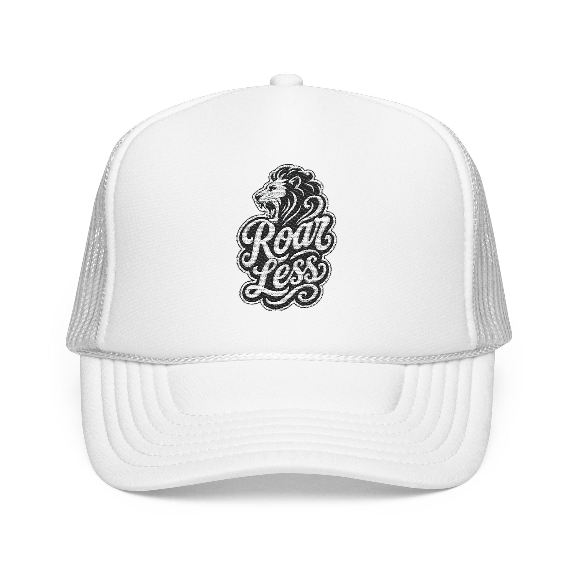 White trucker hat with embroidered lion and "Roar Less" text.