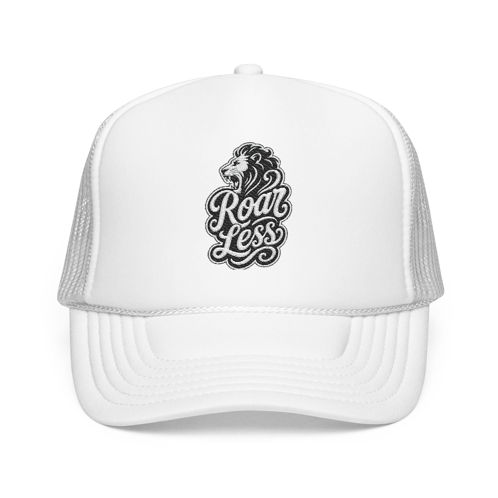White trucker hat with embroidered lion and "Roar Less" text.