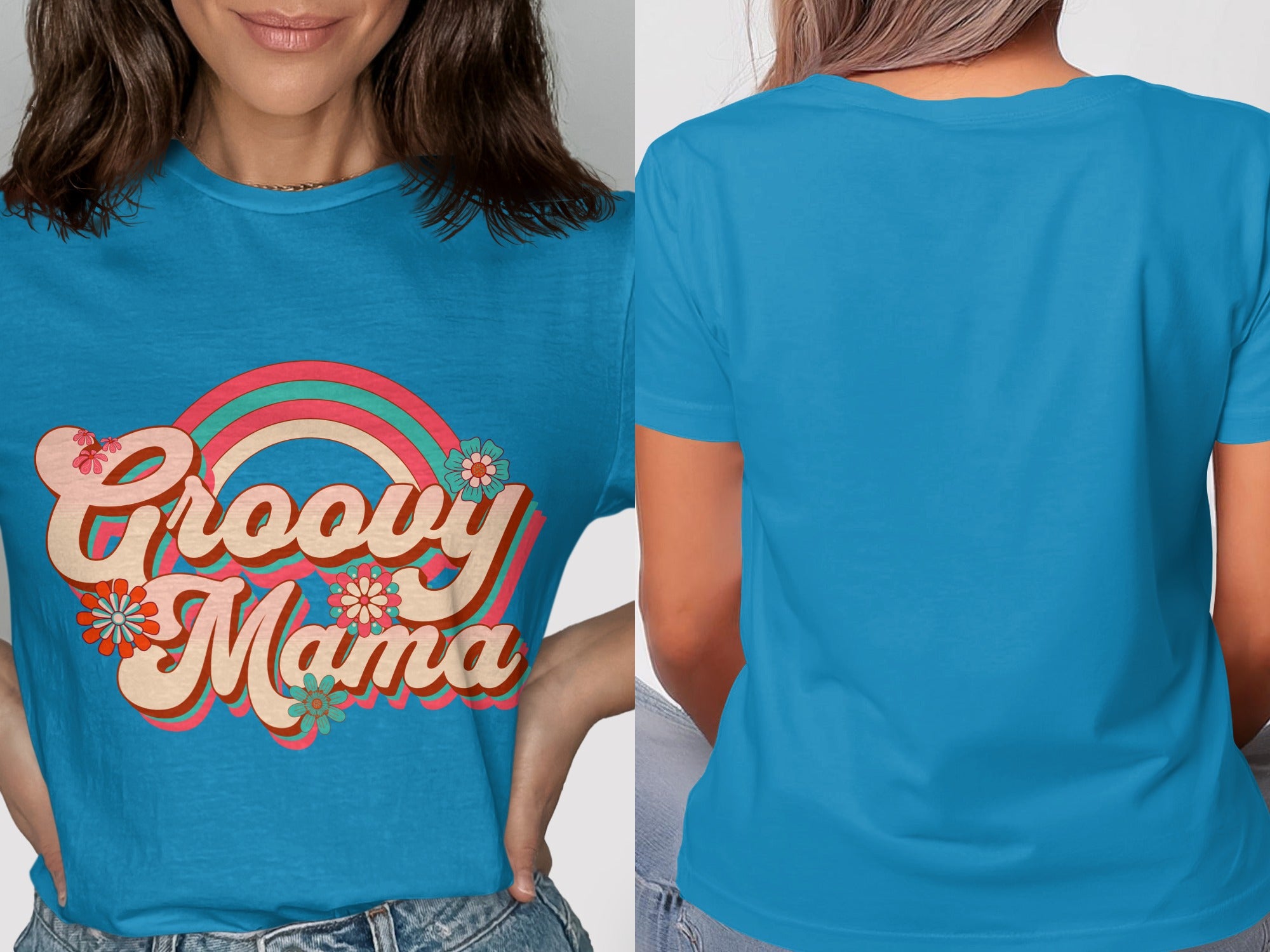 Blue t-shirt with "Groovy Mama" text and retro rainbow graphic.