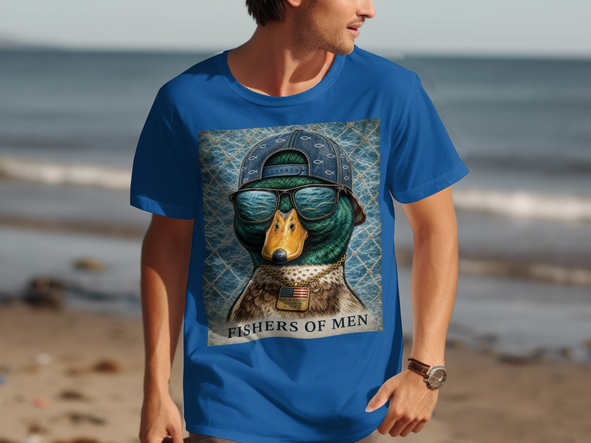 Mallard duck wearing sunglasses and hat, "Fishers of Men" text.
