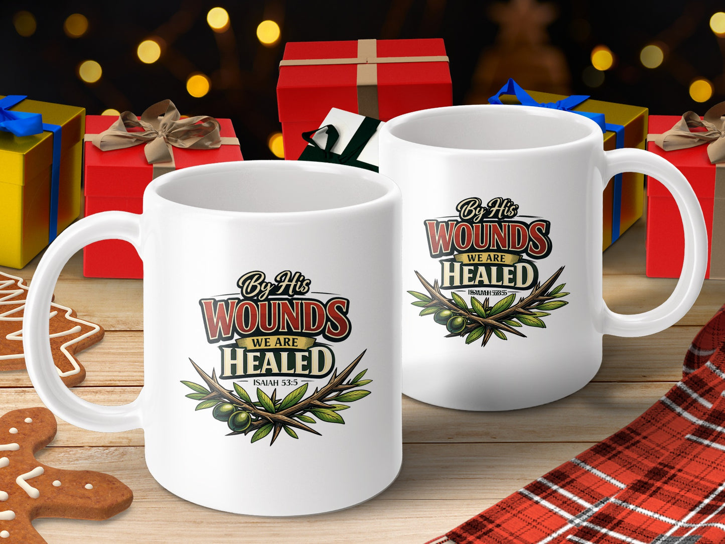 Two white mugs with "By His Wounds We Are Healed Isaiah 53:5" text.