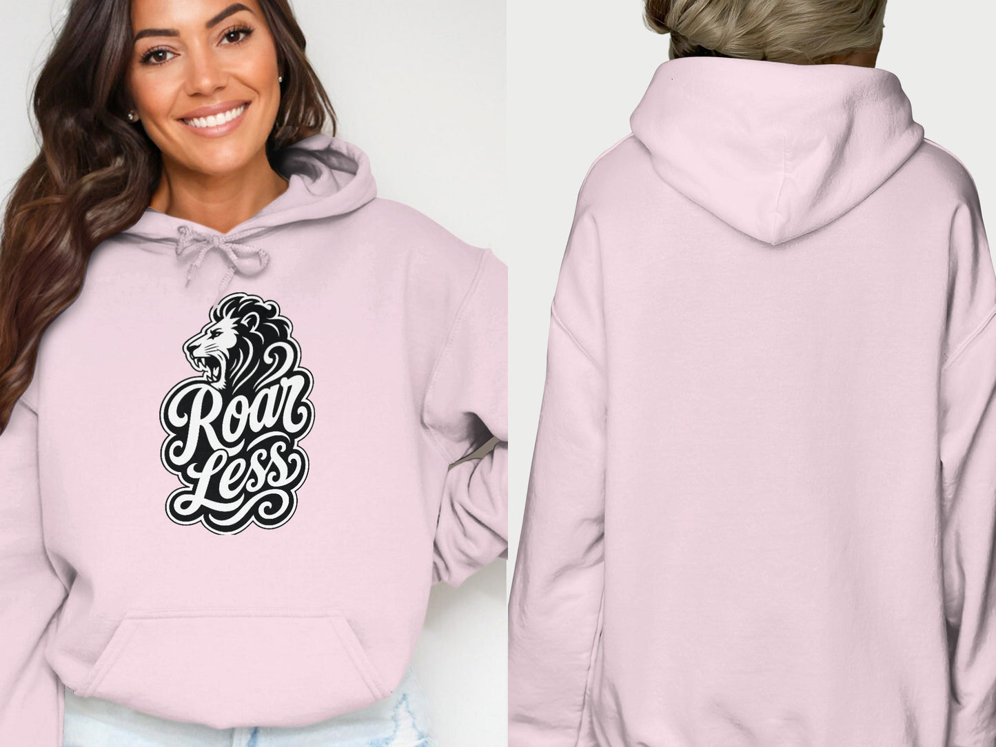 Pink hoodie with a lion graphic and text "Roar Less" on the front.