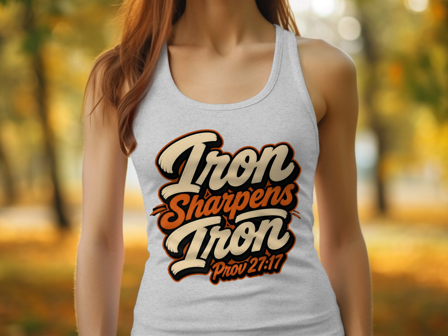 Grey tank top with "Iron Sharpens Iron Prov 27:17" graphic