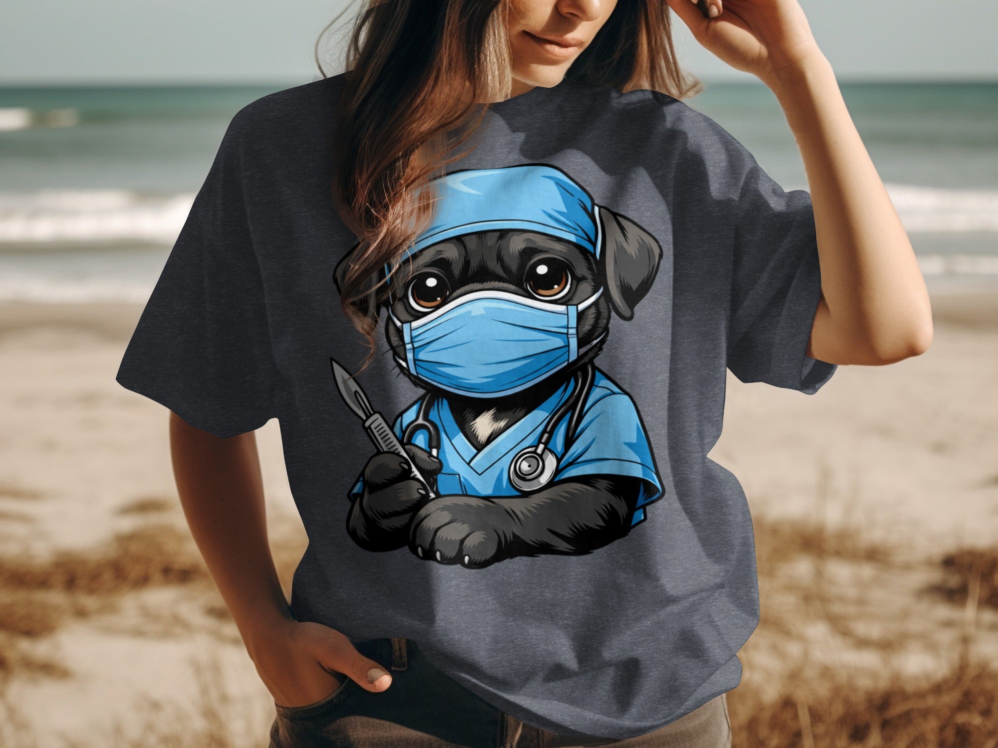 Black dog wearing scrubs, mask, and surgical cap holding a scalpel.