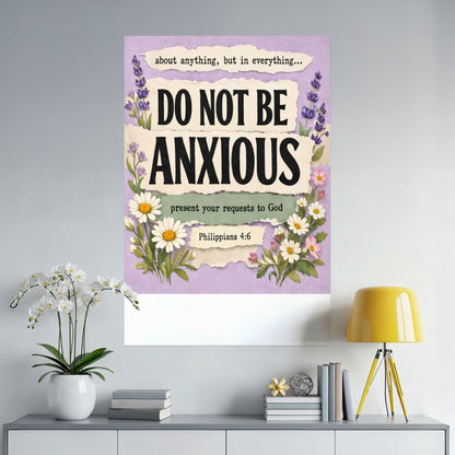 "Do Not Be Anxious" art with Philippians 4:6 and floral accents.