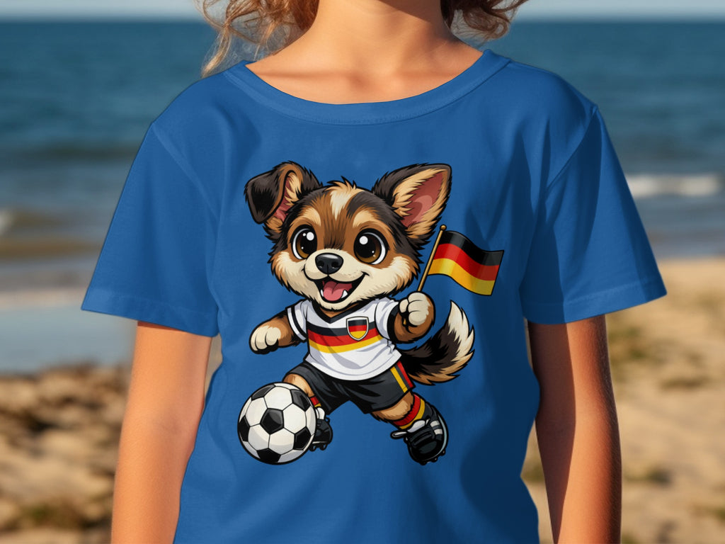 Cartoon dog in German soccer uniform playing with ball and flag.