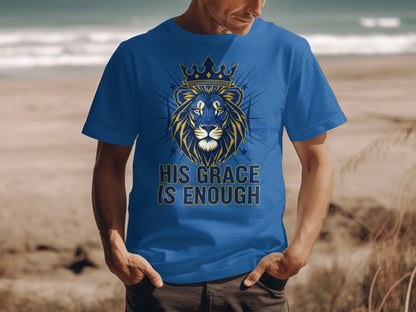 Blue t-shirt with lion wearing crown and text "HIS GRACE IS ENOUGH".