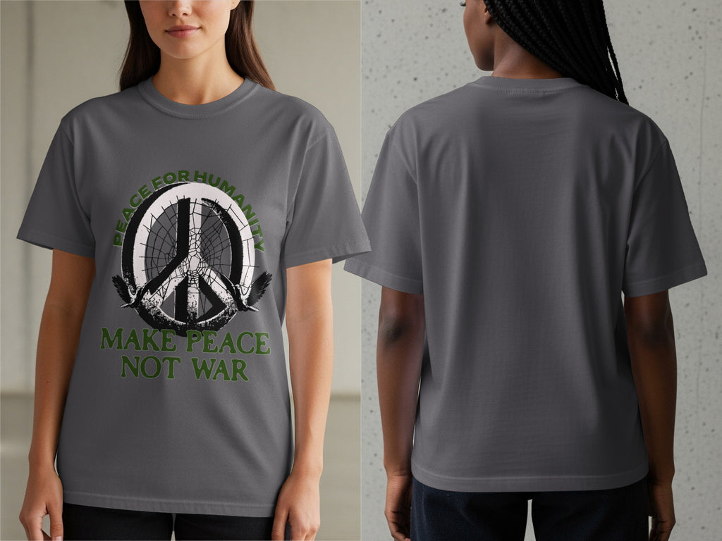 Gray t-shirt with peace symbol, birds, and "peace for humanity make peace not war" text.