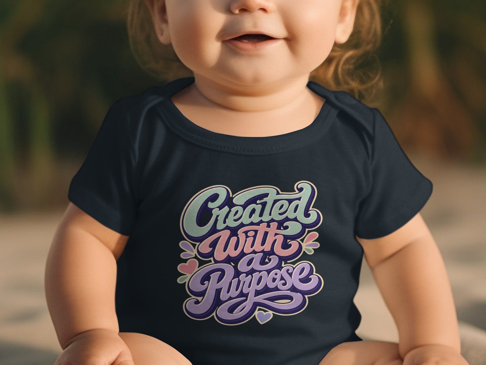 Dark blue baby onesie with text "Created With a Purpose" in colorful lettering.