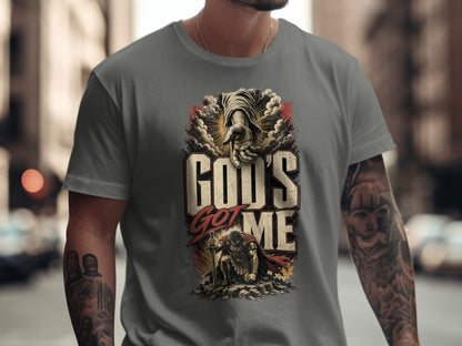 T-shirt with "God's Got Me" text, a reaching hand, and kneeling warrior.