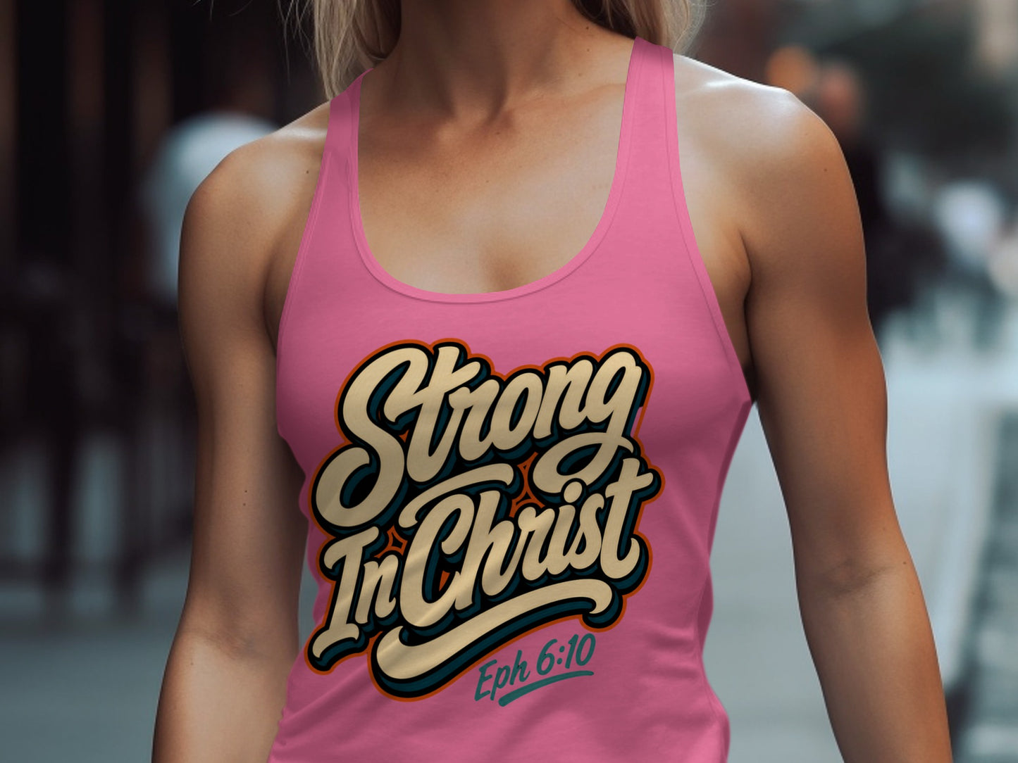 Pink tank top with "Strong In Christ Eph 6:10" text.