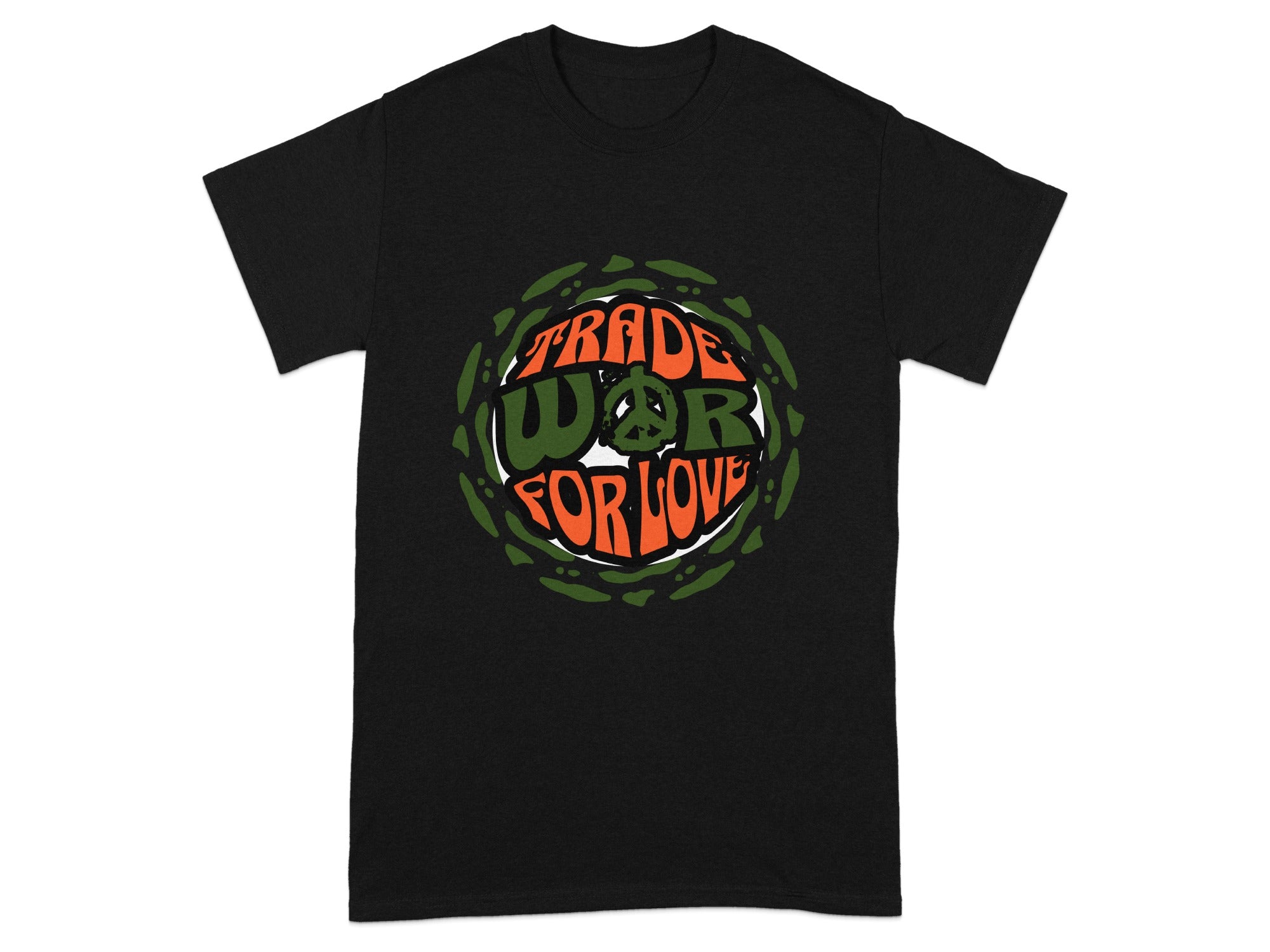 Black t-shirt with orange, green, and white "Trade War for Love" text and peace symbol graphic.