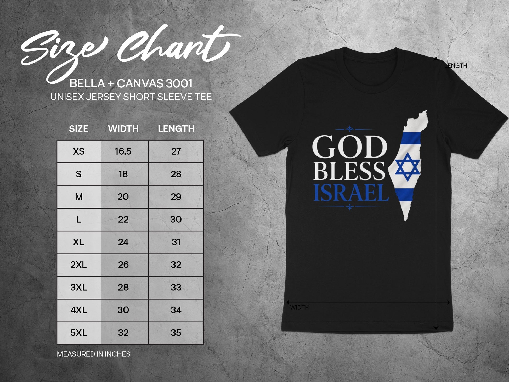Unisex Bella + Canvas 3001 size chart for short sleeve tees with "God Bless Israel" graphic.