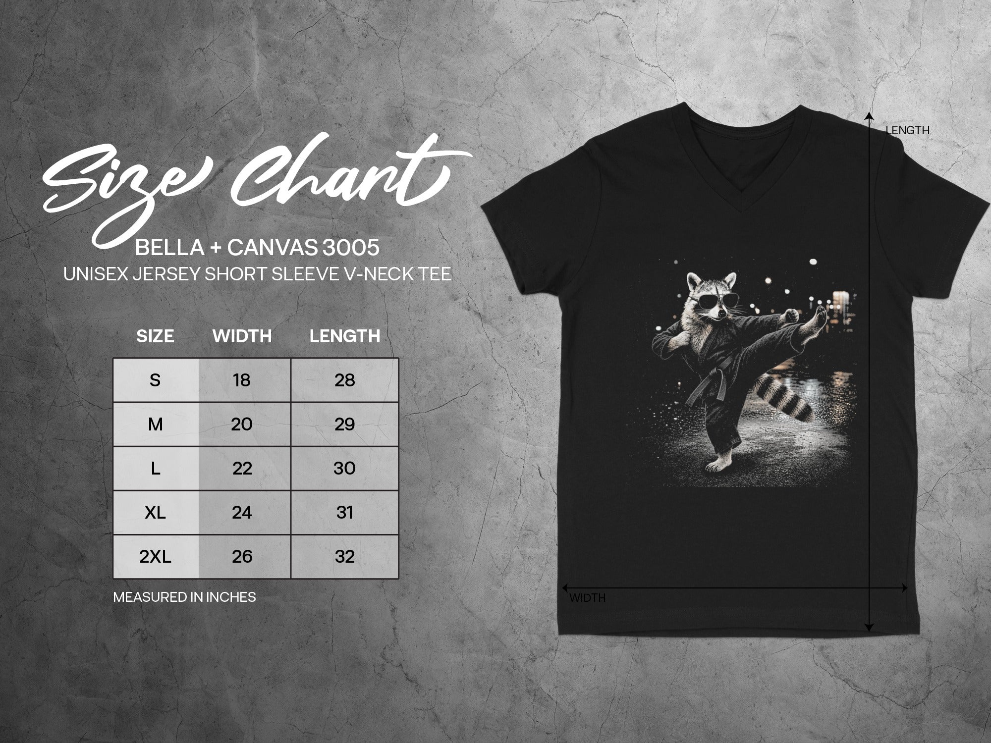 Bella + Canvas 3005 size chart for unisex v-neck tee with measurements in inches.