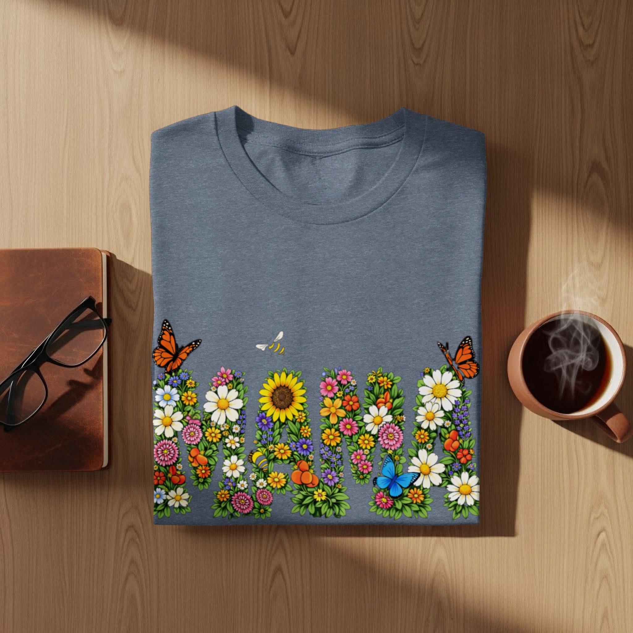 T-shirt with "Mama" spelled out in colorful flowers, butterflies, and bees.