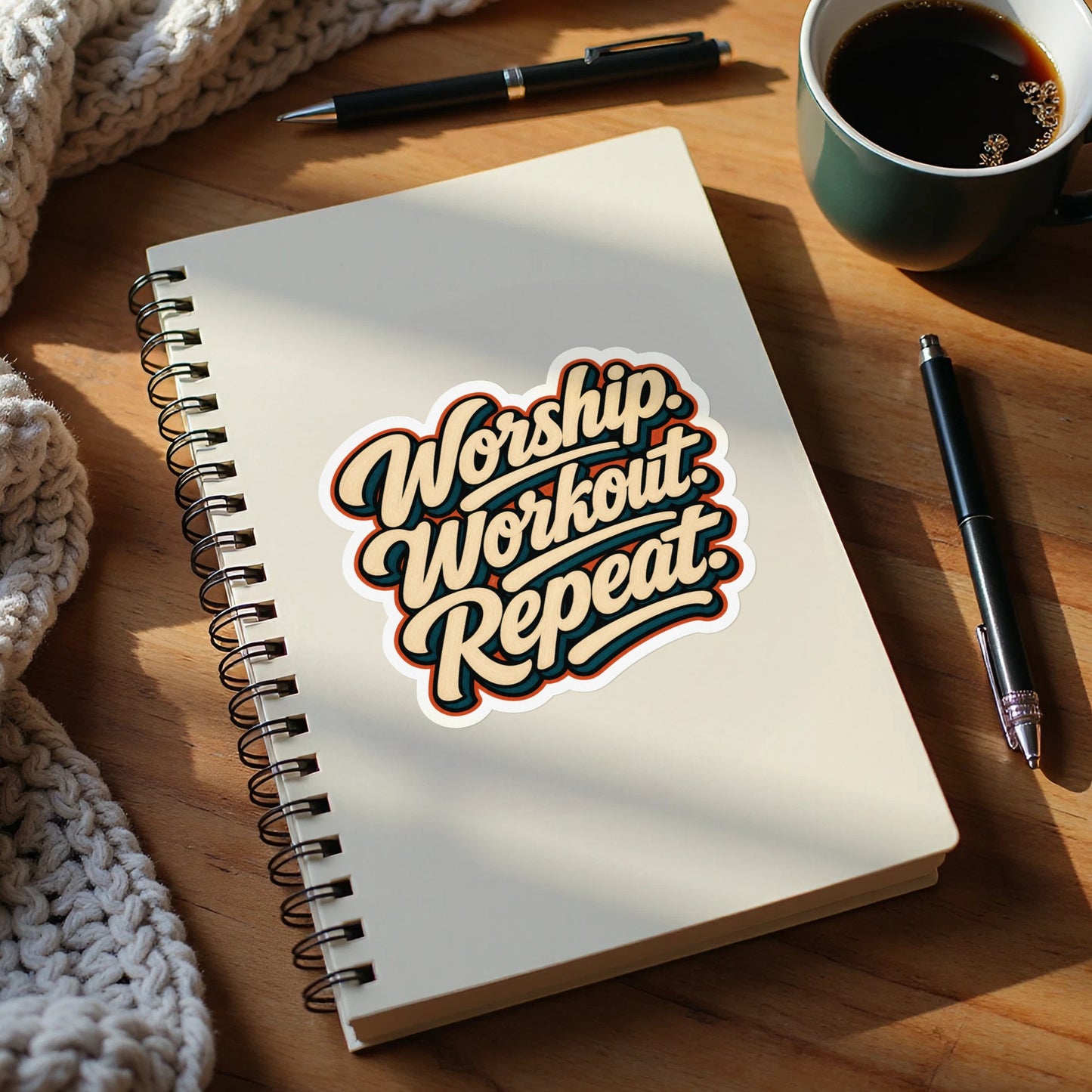 "Worship. Workout. Repeat." sticker on a notebook with pens and coffee.