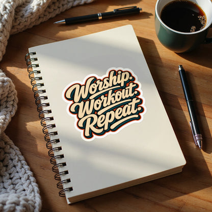 "Worship. Workout. Repeat." sticker on a notebook with pens and coffee.