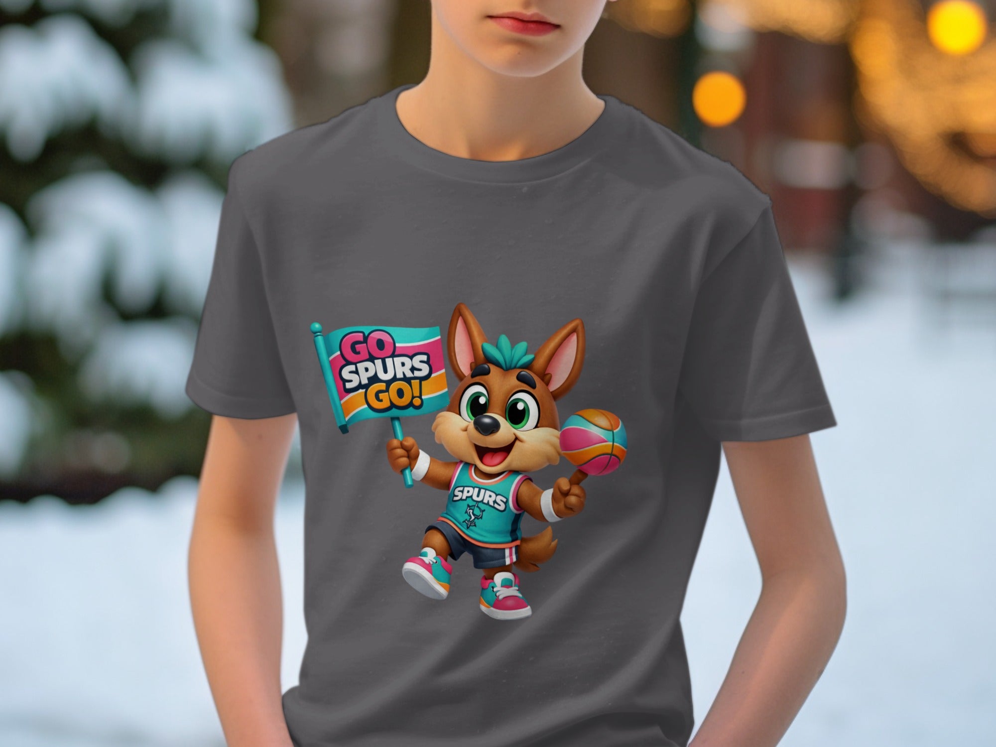 Cartoon coyote character in Spurs jersey holding a "GO SPURS GO!" flag and basketball.