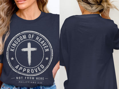 Navy t-shirt with a distressed graphic of a cross and text "Kingdom of Heaven Approved".