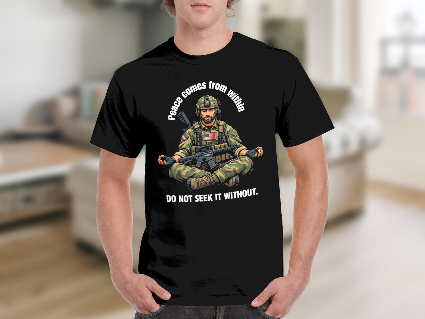 Black t-shirt with illustration of soldier meditating with rifle, text "Peace comes from within".