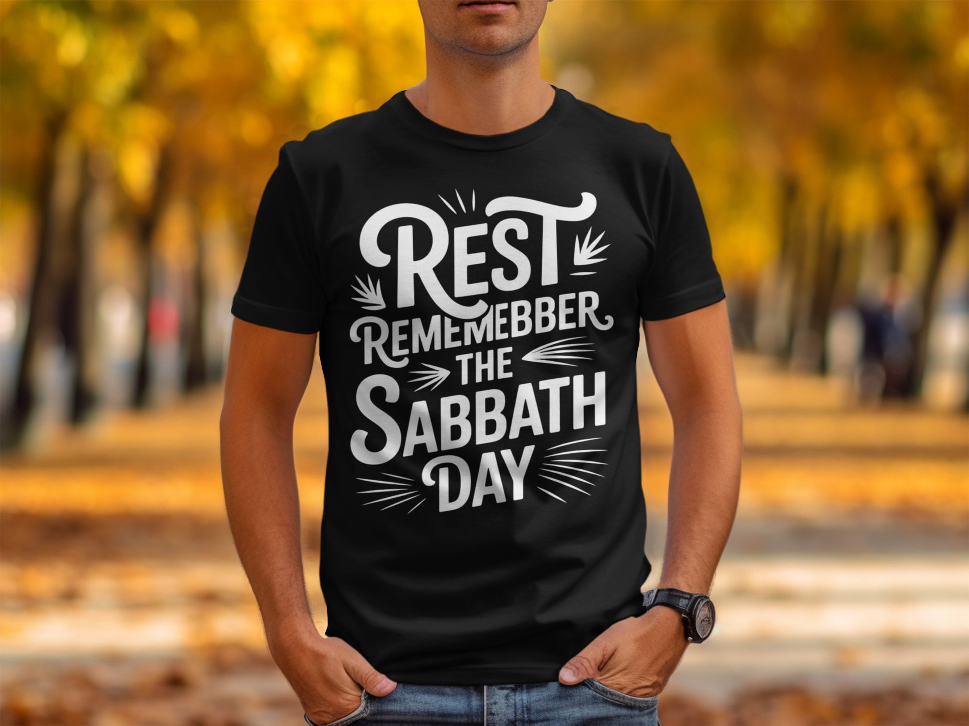 Black t-shirt with white text reading "REST REMEMBER THE SABBATH DAY".