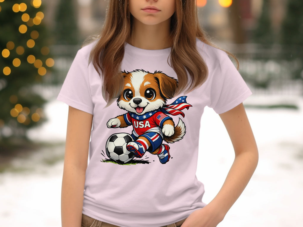 Dog wearing a USA soccer jersey and scarf plays soccer, with a soccer ball at its feet.