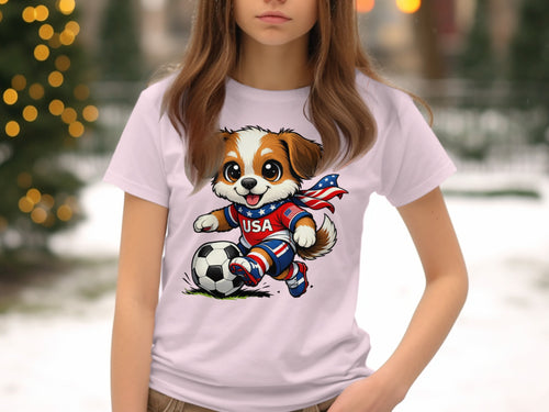 Dog wearing a USA soccer jersey and scarf plays soccer, with a soccer ball at its feet.