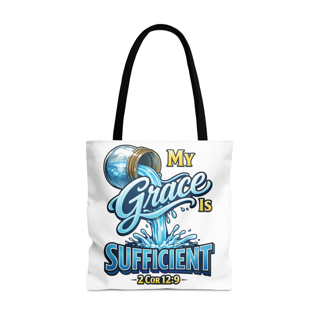 White tote bag with "My Grace Is Sufficient 2Cor 12:9" text and pouring water design.