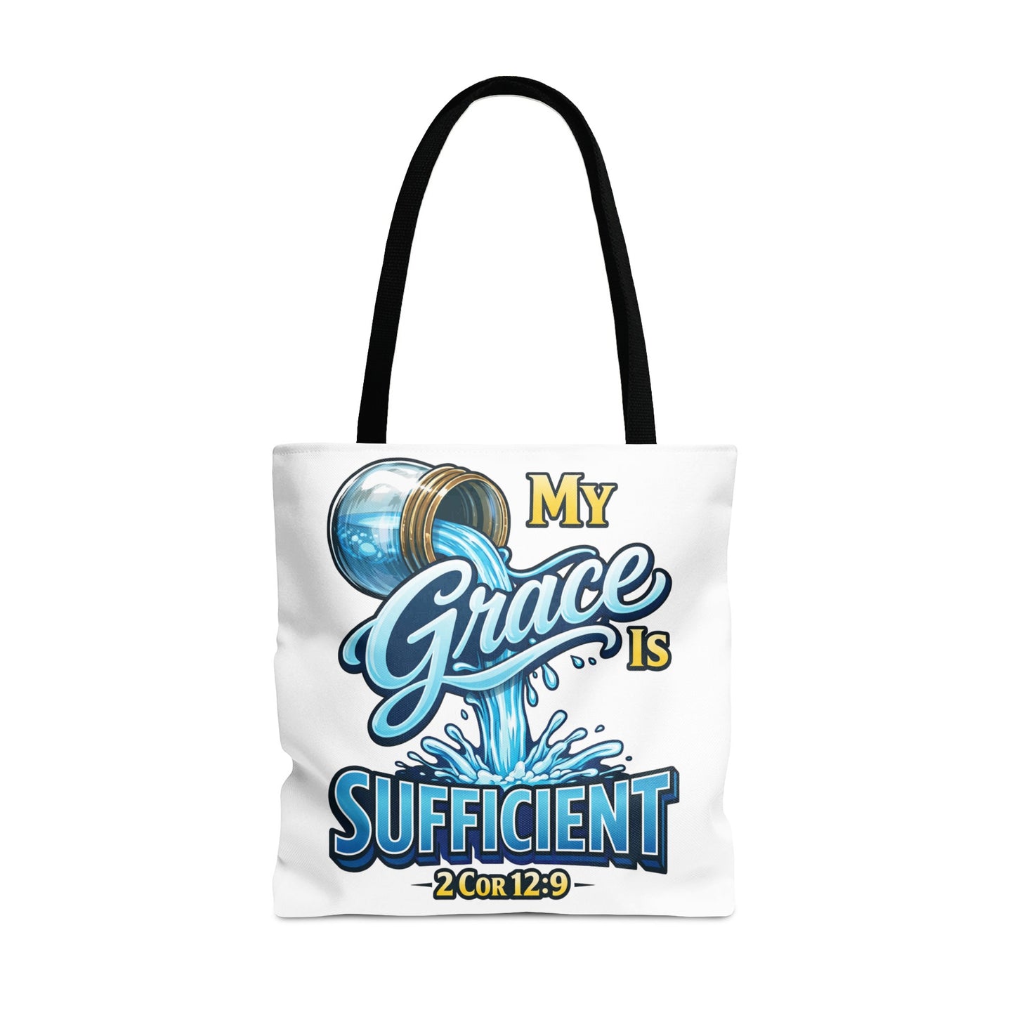 White tote bag with "My Grace Is Sufficient 2Cor 12:9" text and pouring water design.