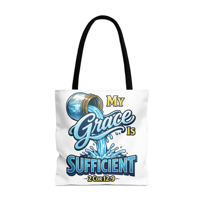 White tote bag with "My Grace Is Sufficient 2Cor 12:9" text and pouring water design.