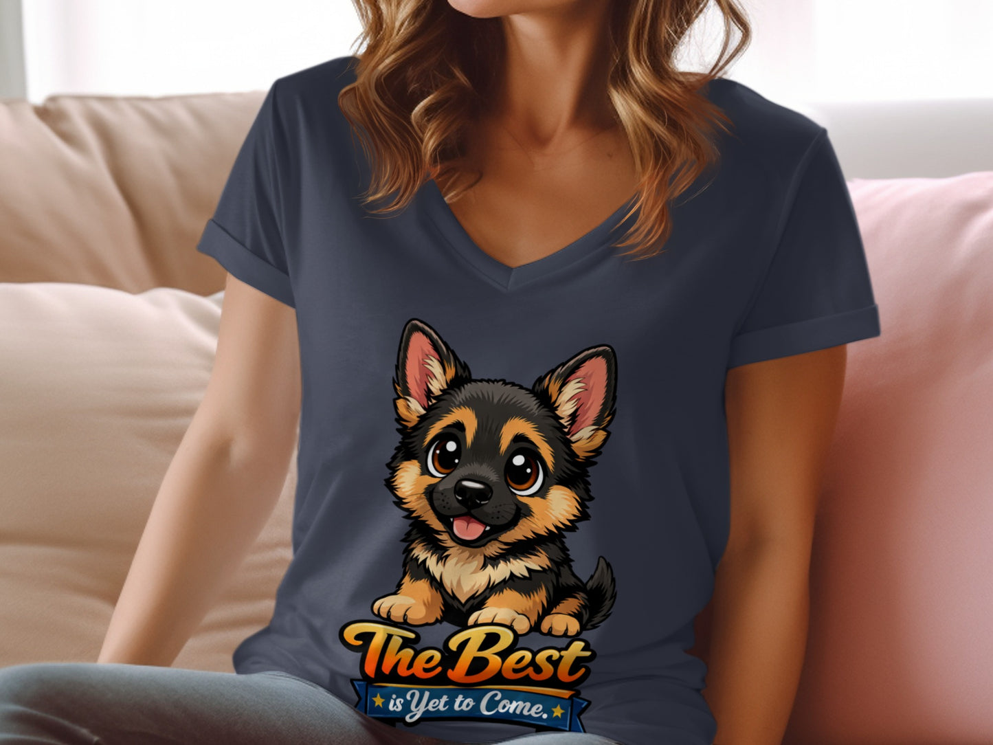 Dark navy t-shirt with a graphic of a German Shepherd puppy and text "The Best is Yet to Come."