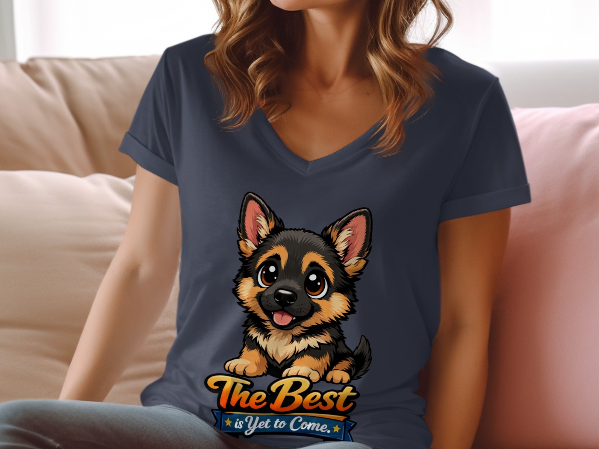 Dark navy t-shirt with a graphic of a German Shepherd puppy and text "The Best is Yet to Come."