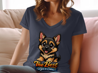 Dark navy t-shirt with a graphic of a German Shepherd puppy and text "The Best is Yet to Come."