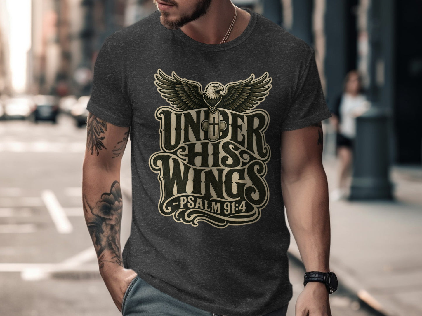 Dark t-shirt with eagle graphic and "Under His Wings - Psalm 91:4" text.