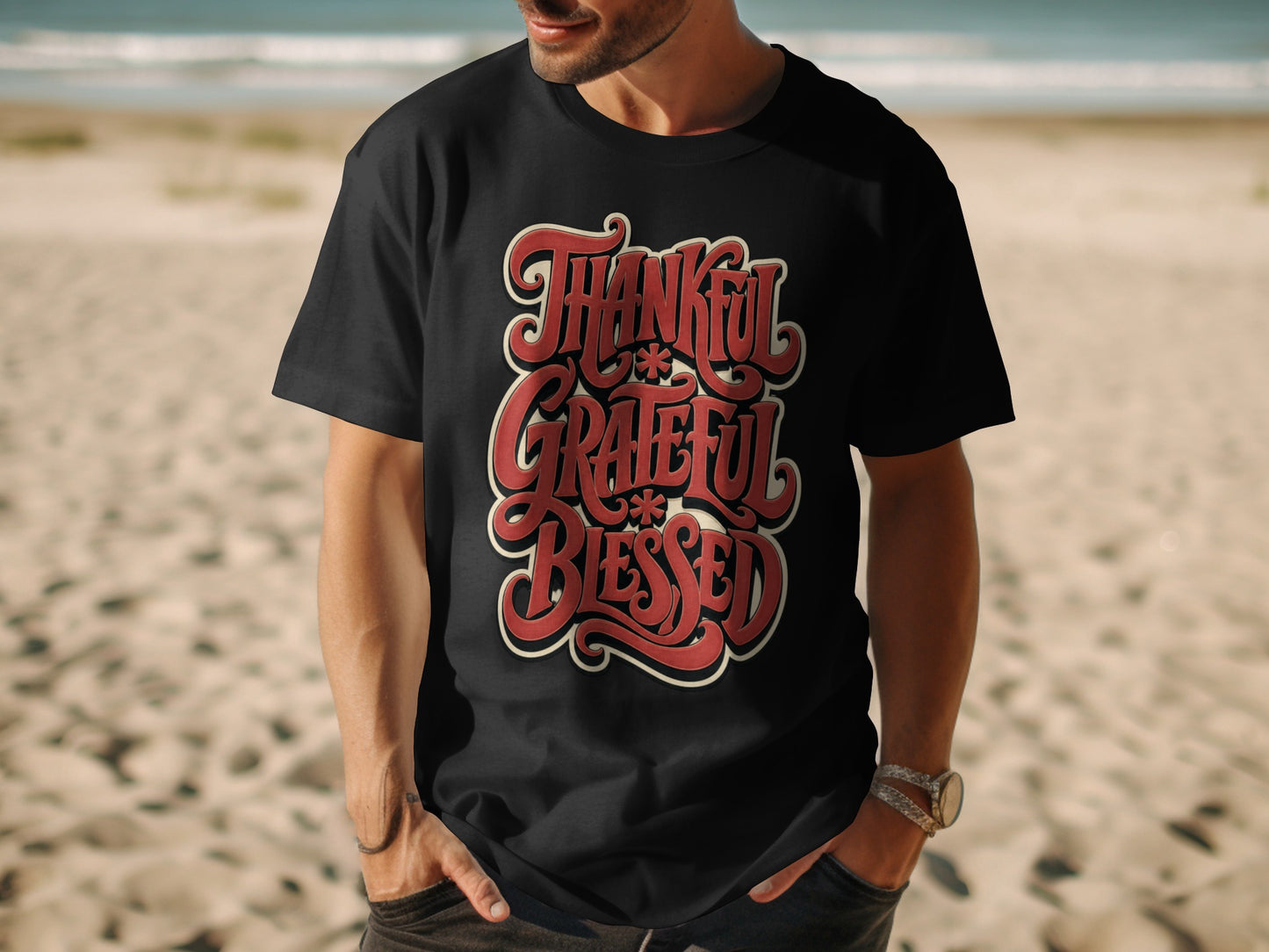Black t-shirt with "Thankful Grateful Blessed" text in vintage red lettering