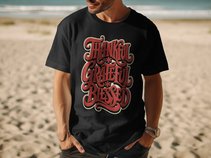 Black t-shirt with "Thankful Grateful Blessed" text in vintage red lettering