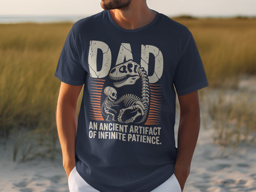 Navy t-shirt with "DAD" text and dinosaur skeleton graphic.