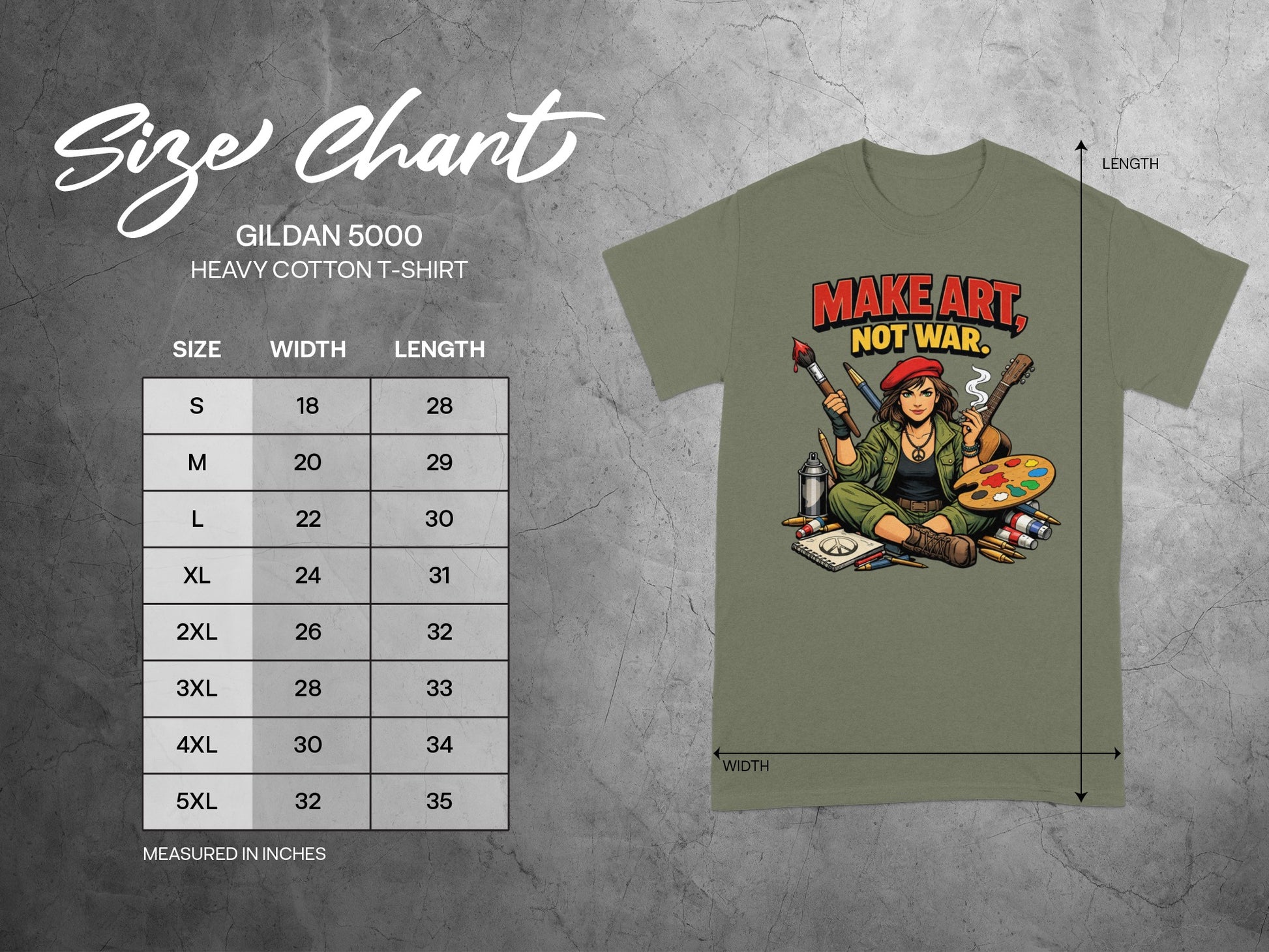 Gildan 5000 heavy cotton t-shirt size chart with widths and lengths in inches.