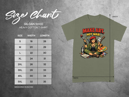 Gildan 5000 heavy cotton t-shirt size chart with widths and lengths in inches.