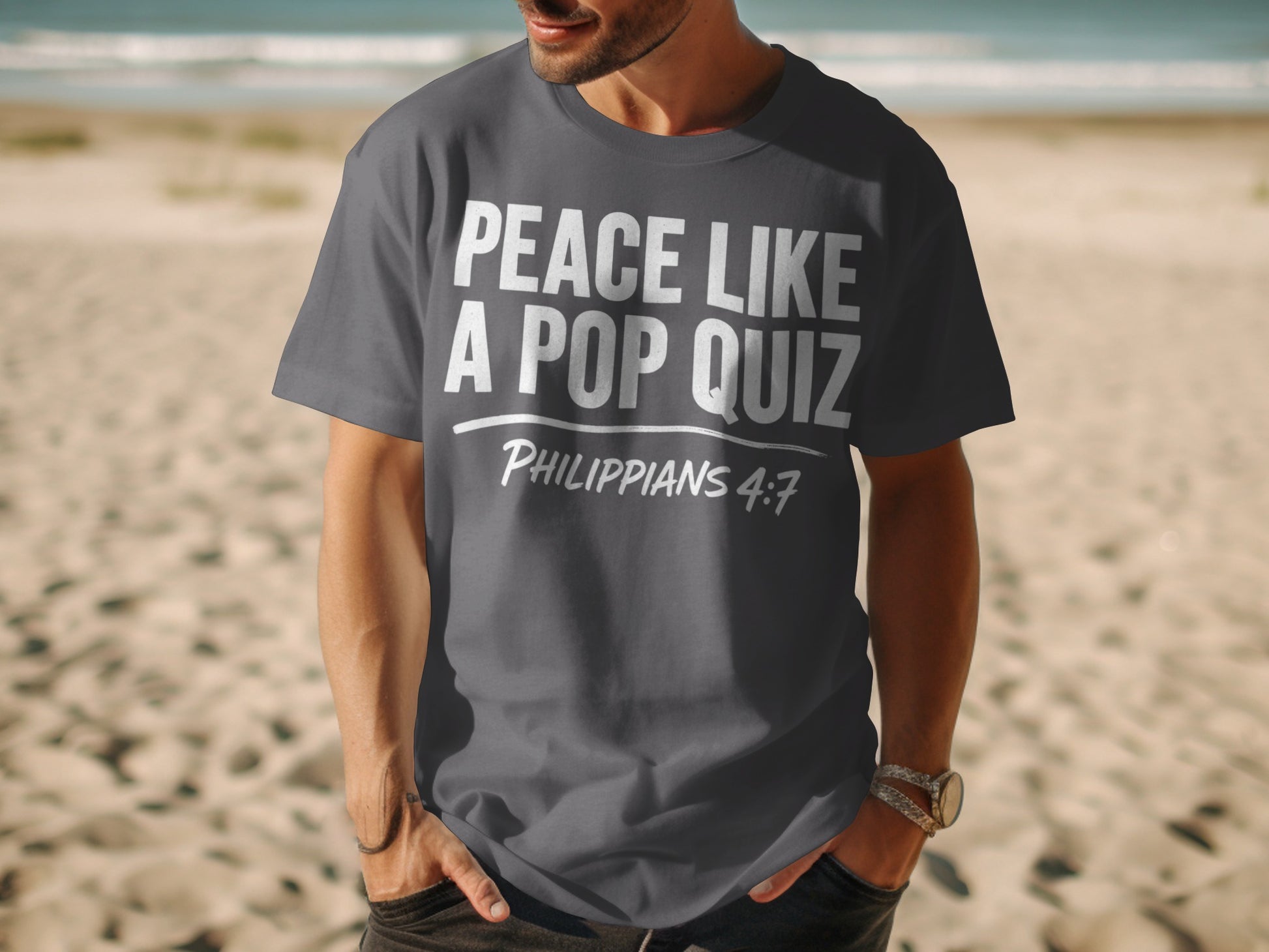 Grey t-shirt with white text reading "PEACE LIKE A POP QUIZ PHILIPPIANS 4:7".