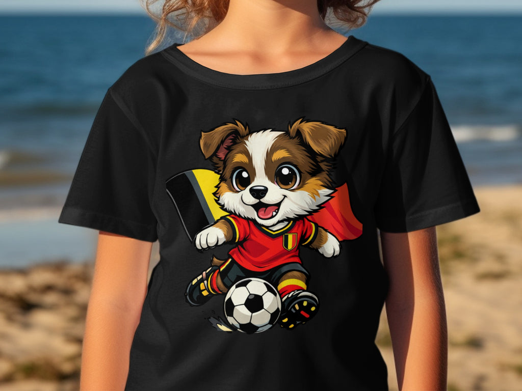 Cartoon dog in Belgian soccer uniform playing with a soccer ball.
