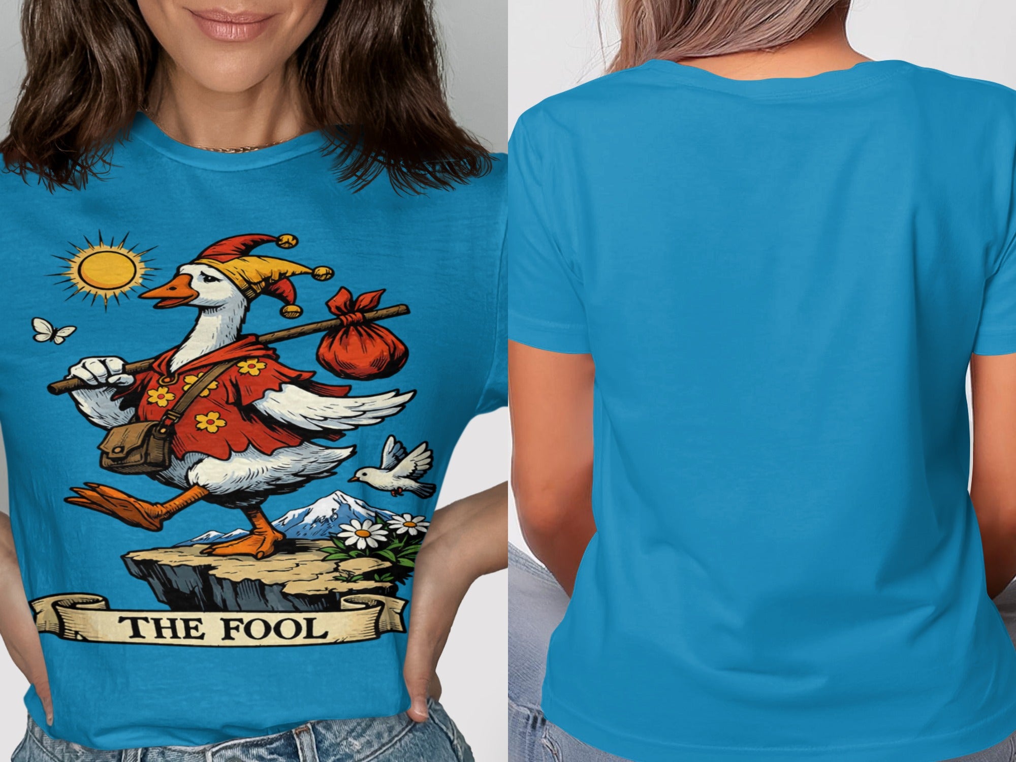 Goose in jester hat carrying a bundle, "The Fool" text banner below, on blue shirt.