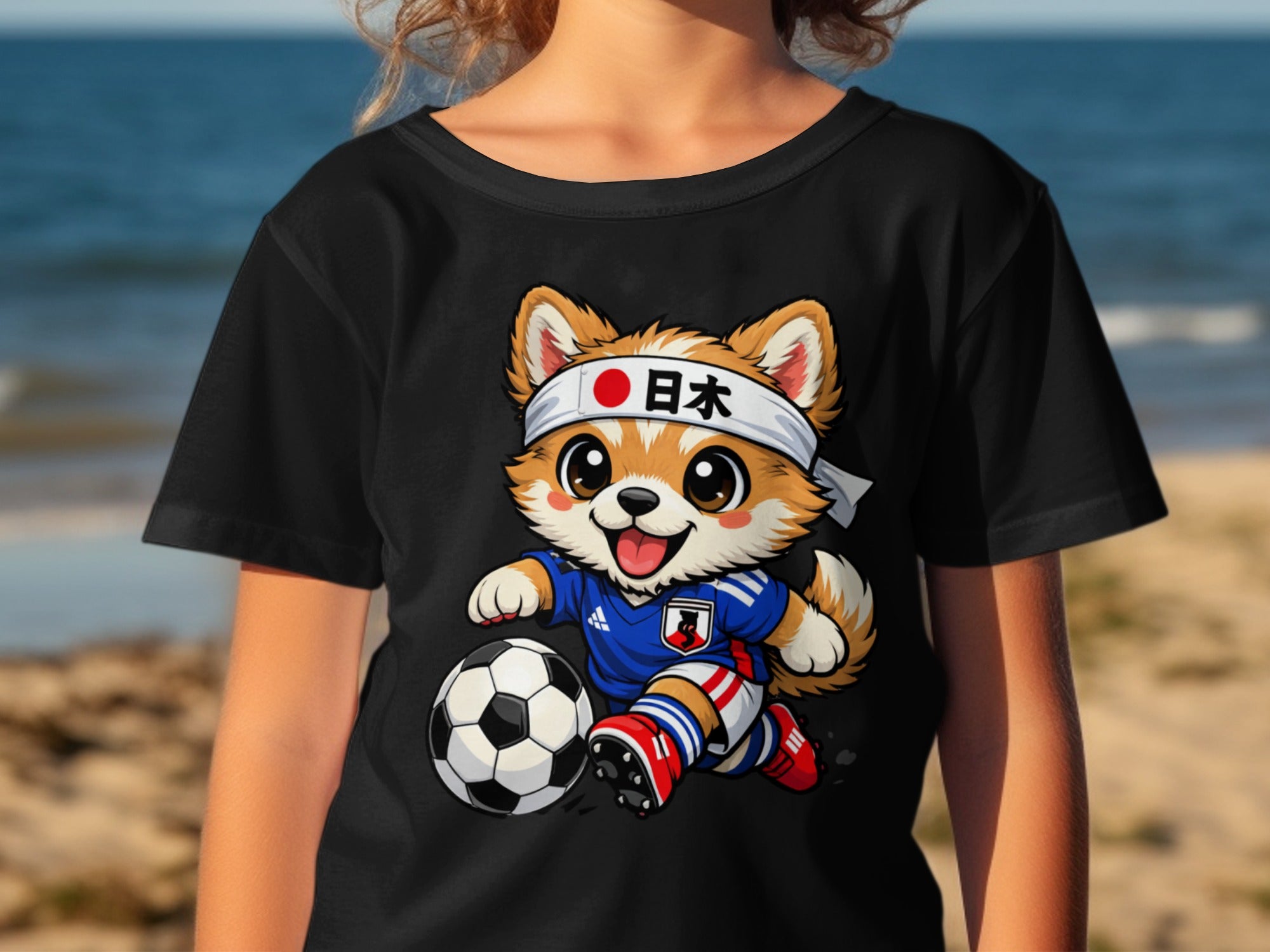 Cartoon Shiba Inu wearing a Japanese soccer uniform and headband, kicking a soccer ball.