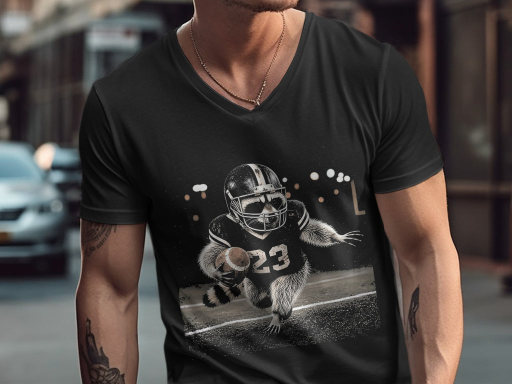 Raccoon in football uniform with number 23 running with ball.