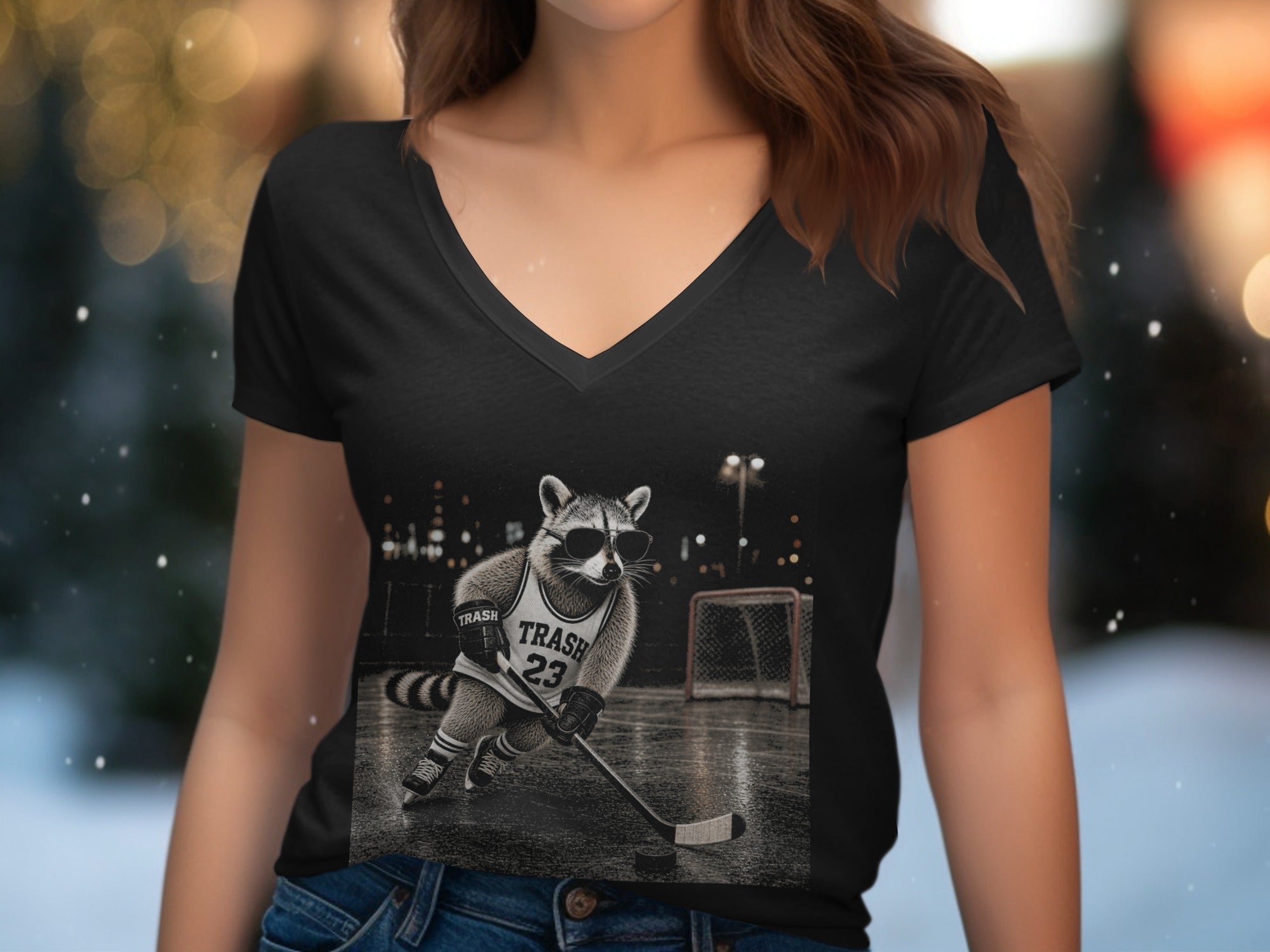 Raccoon in sunglasses and hockey jersey with "Trash 23" skates on ice.